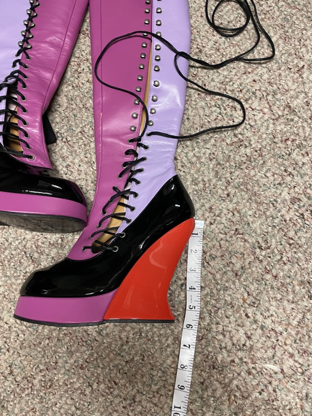 John fluevog grand national purple/Black Lace-Up Wedge Boots with Red Heel - Picture 3 of 11